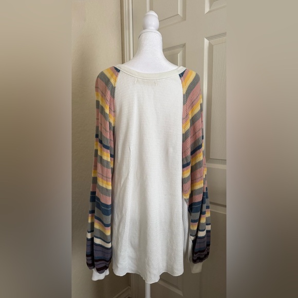 Free People We The Free White Shirt with Multicolor Striped Sleeves Women’s M - Picture 2 of 6